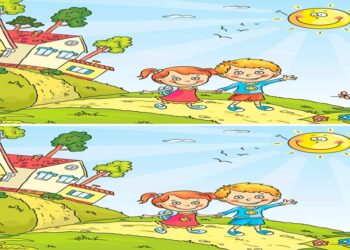 Teste visual com crianças caminhando em um cenário alegre e colorido com diferenças entre duas imagens.