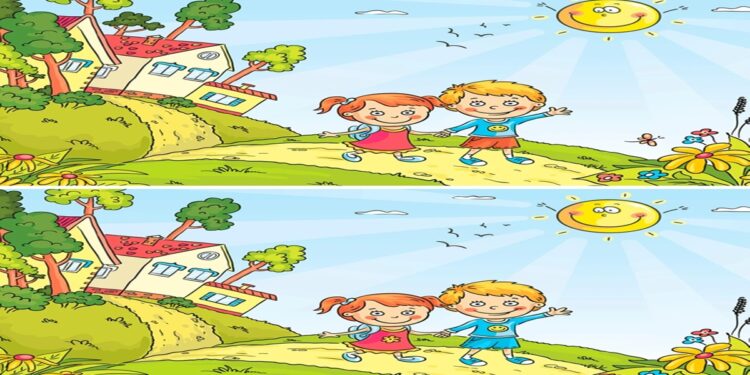 Teste visual com crianças caminhando em um cenário alegre e colorido com diferenças entre duas imagens.