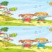 Teste visual com crianças caminhando em um cenário alegre e colorido com diferenças entre duas imagens.