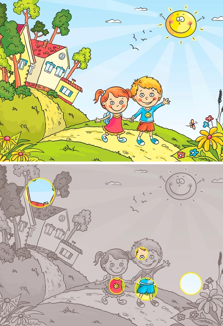 Teste visual com crianças caminhando em um cenário alegre e colorido com diferenças entre duas imagens.