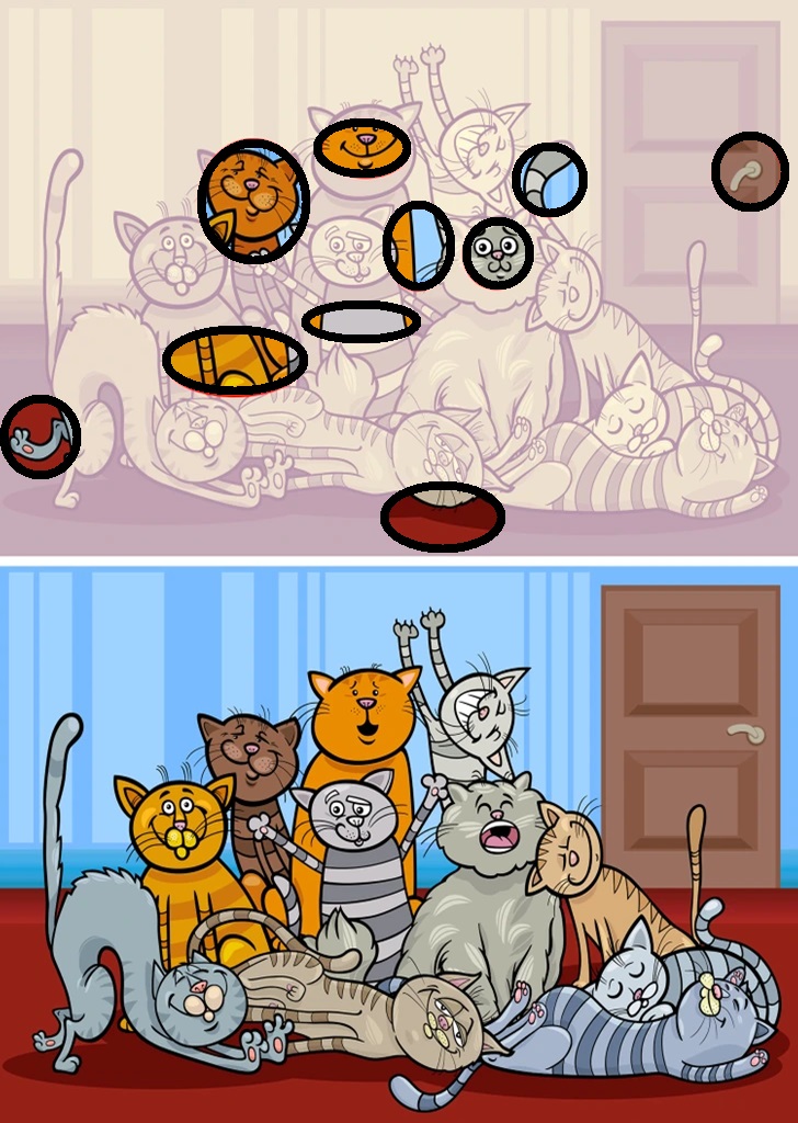 Teste visual com dois quadros de gatos para desafio de encontrar diferenças