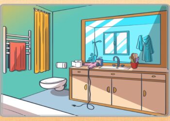 Teste visual do banheiro com secador ligado, toalhas, espelho grande e objetos de higiene sobre a pia.