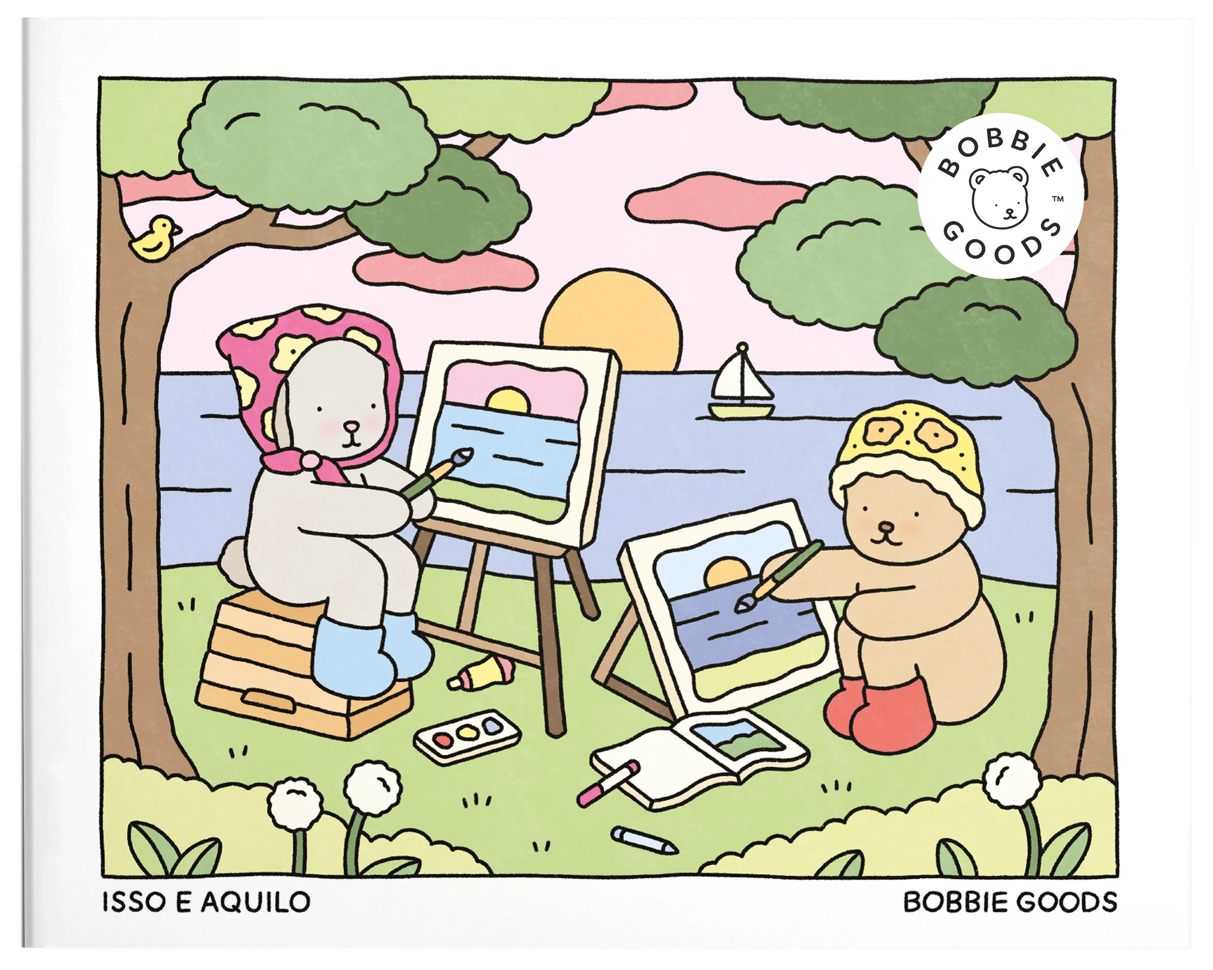 Urso e ursinha pintando paisagens com céu e mar, em uma cena tranquila e cheia de cores suaves