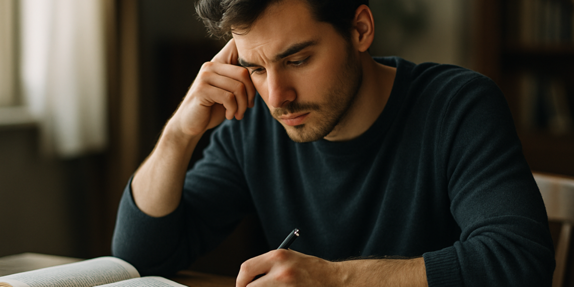 ovem estudando para concurso em uma mesa, com livros abertos, concentrado na leitura e fazendo anotações em um caderno.