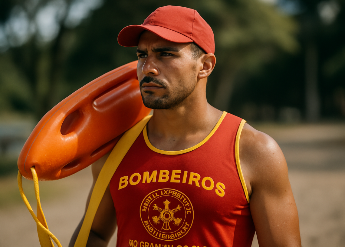 Guarda-vidas do Corpo de Bombeiros carregando um bote inflável na praia, com um visual focado na ação e no uniforme vermelho e amarelo.