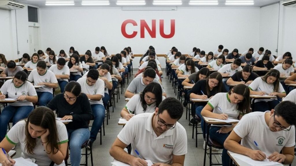 Candidatos realizando provas do Concurso Nacional Unificado (CNU) em sala de aula.