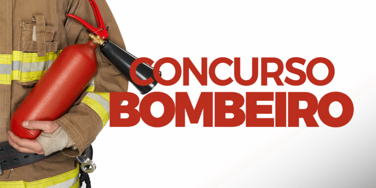 Bombeiro segurando extintor em frente ao texto "Concurso Bombeiro" representando o concurso bombeiros CE