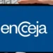 Imagem com logo do Encceja exibido em um tablet, com fundo relacionado ao exame.