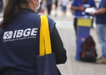quipe do IBGE durante a realização de um censo, com a logo do IBGE em destaque.