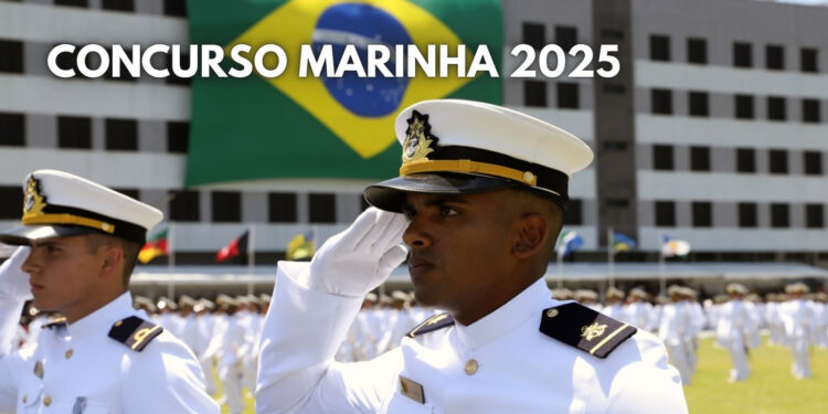 Militar da Marinha do Brasil em saudação com bandeira nacional ao fundo, concurso Marinha 2025.