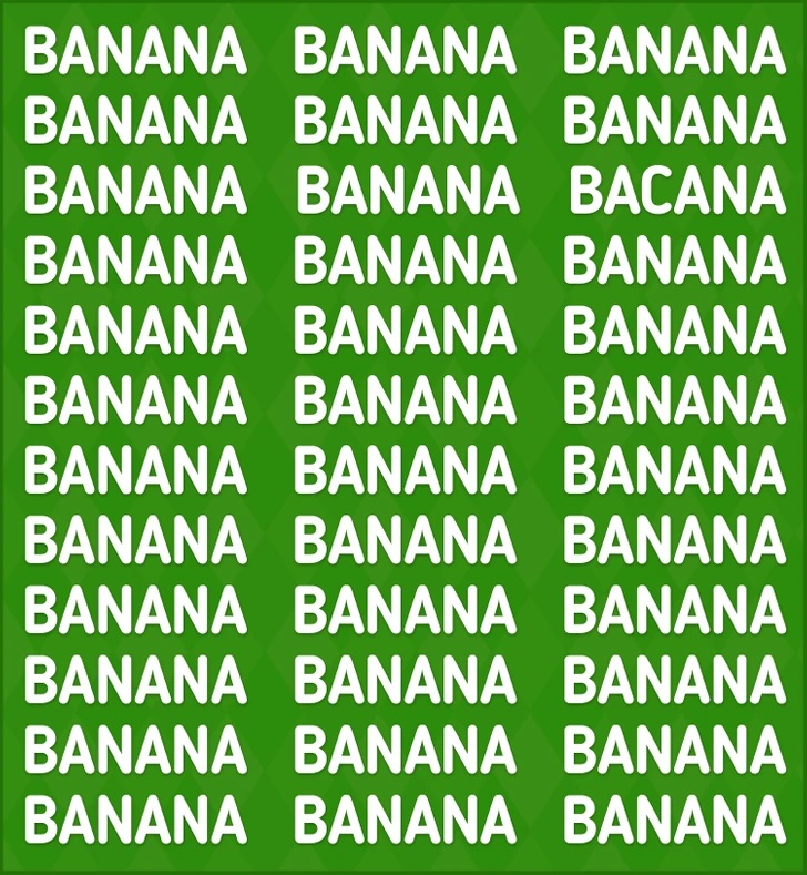 Desafio visual com um fundo verde com a palavra banana repetida várias vezes em letras brancas.