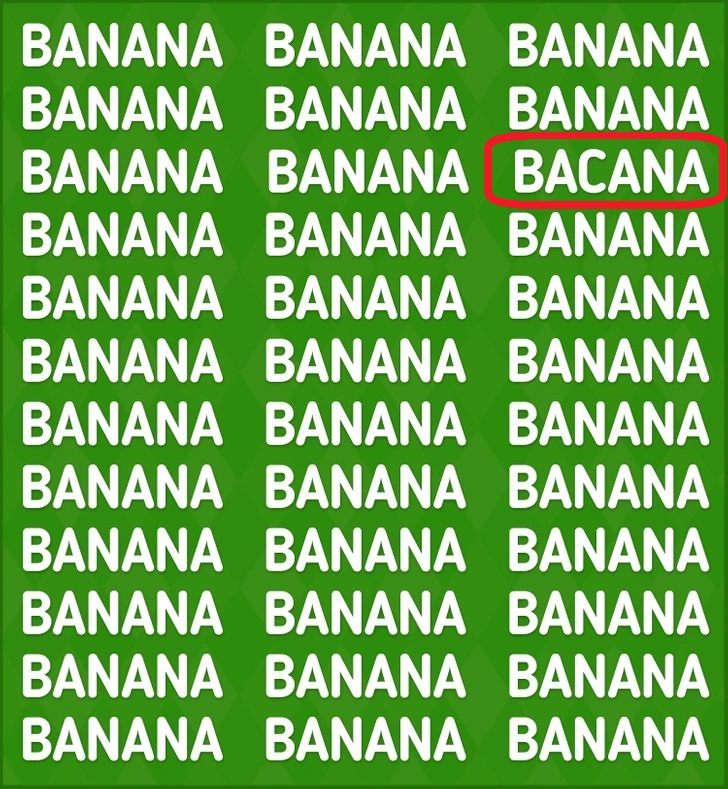 Desafio visual com um fundo verde com a palavra banana repetida várias vezes em letras brancas.
