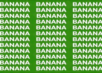 Desafio visual com um fundo verde com a palavra banana repetida várias vezes em letras brancas.