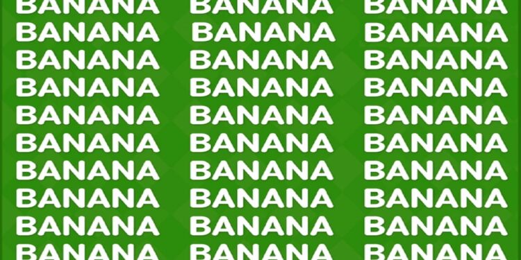 Desafio visual com um fundo verde com a palavra banana repetida várias vezes em letras brancas.