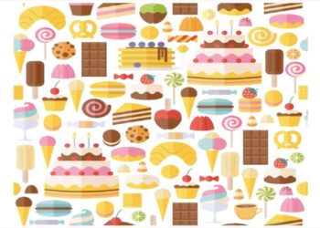 Desafio visual com diversos doces, bolos e guloseimas; a tarefa é encontrar a xícara de café.