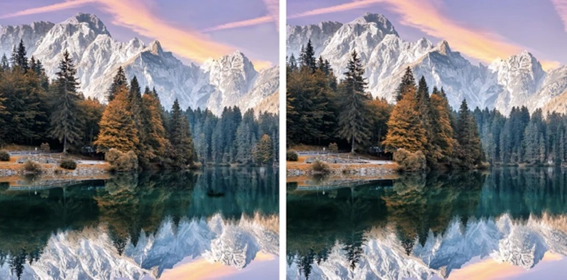 Desafio visual com duas imagens lado a lado de floresta e montanhas refletidas em lago cristalino ao pôr do sol.