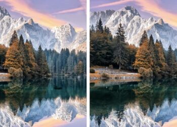 Desafio visual com duas imagens lado a lado de floresta e montanhas refletidas em lago cristalino ao pôr do sol.