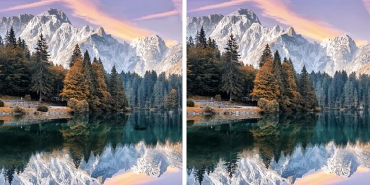 Desafio visual com duas imagens lado a lado de floresta e montanhas refletidas em lago cristalino ao pôr do sol.
