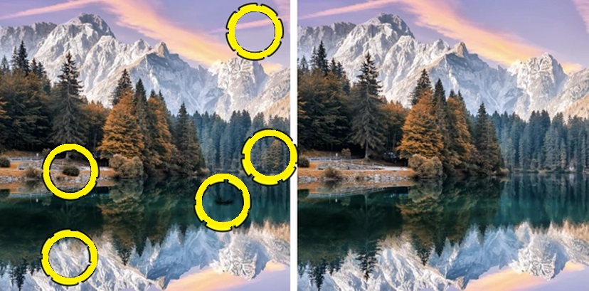 Desafio visual com duas imagens lado a lado de floresta e montanhas refletidas em lago cristalino ao pôr do sol.