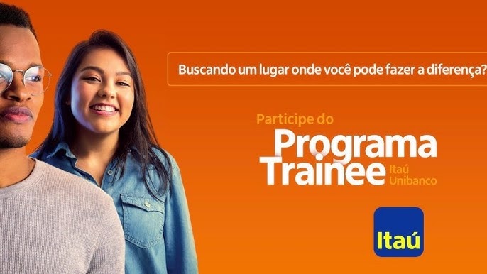 Imagem promocional do Programa Trainee Itaú, com jovens participantes em destaque e o logo do banco.