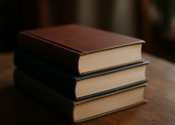 Livros empilhados sobre uma mesa de madeira, com capas em tons de marrom, azul e cinza. A imagem simboliza o estudo aprofundado e a preparação para concursos públicos.