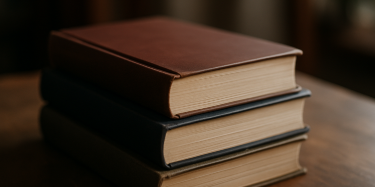 Livros empilhados sobre uma mesa de madeira, com capas em tons de marrom, azul e cinza. A imagem simboliza o estudo aprofundado e a preparação para concursos públicos.