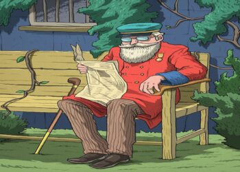 Teste visual com um homem idoso sentado em banco de madeira lendo jornal com bengala encostada.