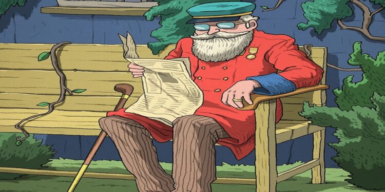 Teste visual com um homem idoso sentado em banco de madeira lendo jornal com bengala encostada.