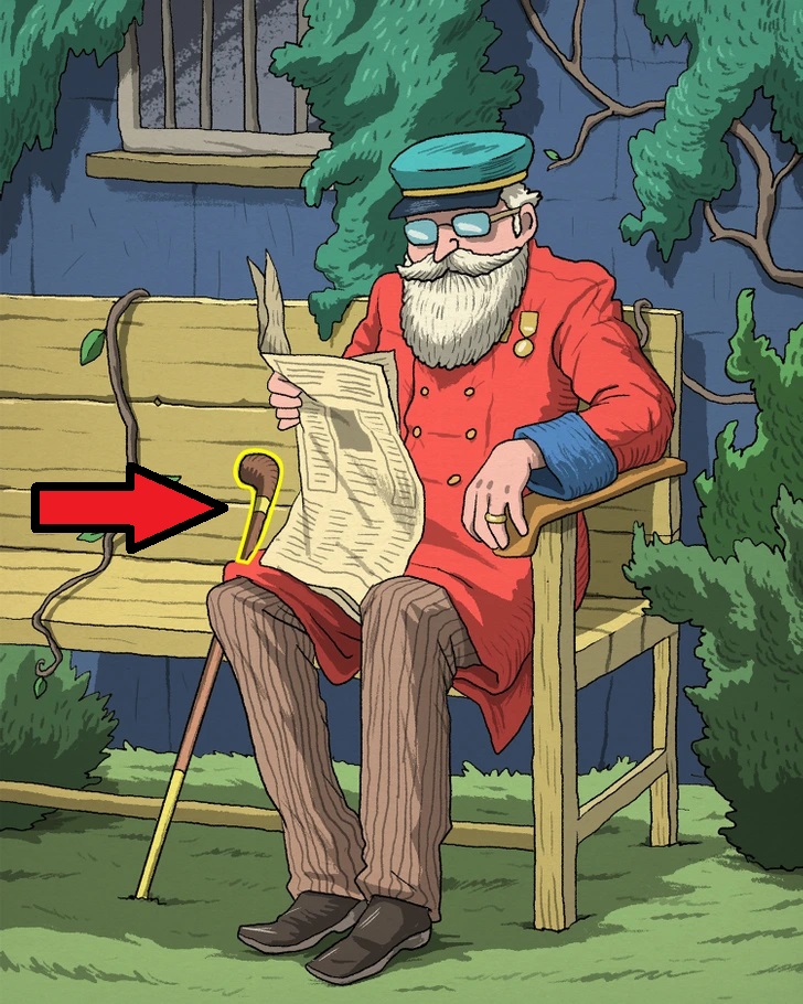 Teste visual com um homem idoso sentado em banco de madeira lendo jornal com bengala encostada.