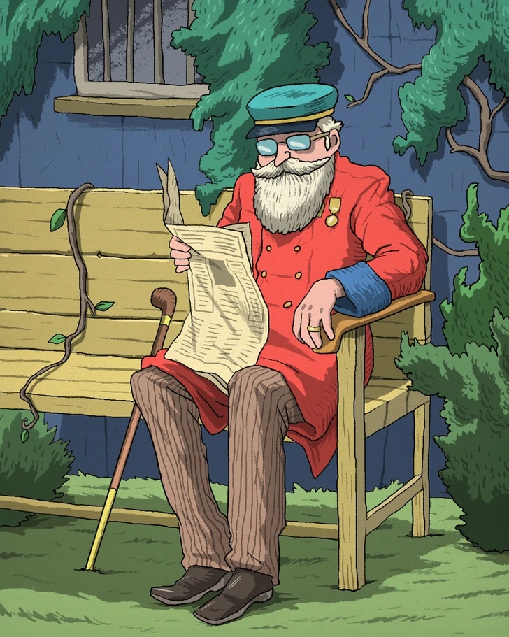 Teste visual com um homem idoso sentado em banco de madeira lendo jornal com bengala encostada.