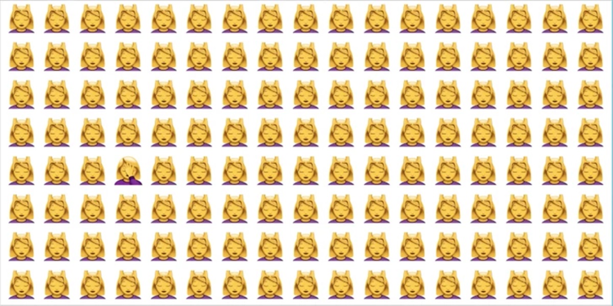 Teste visual com uma imagem de emojis femininos de super-heroína, com um emoji diferente no centro.