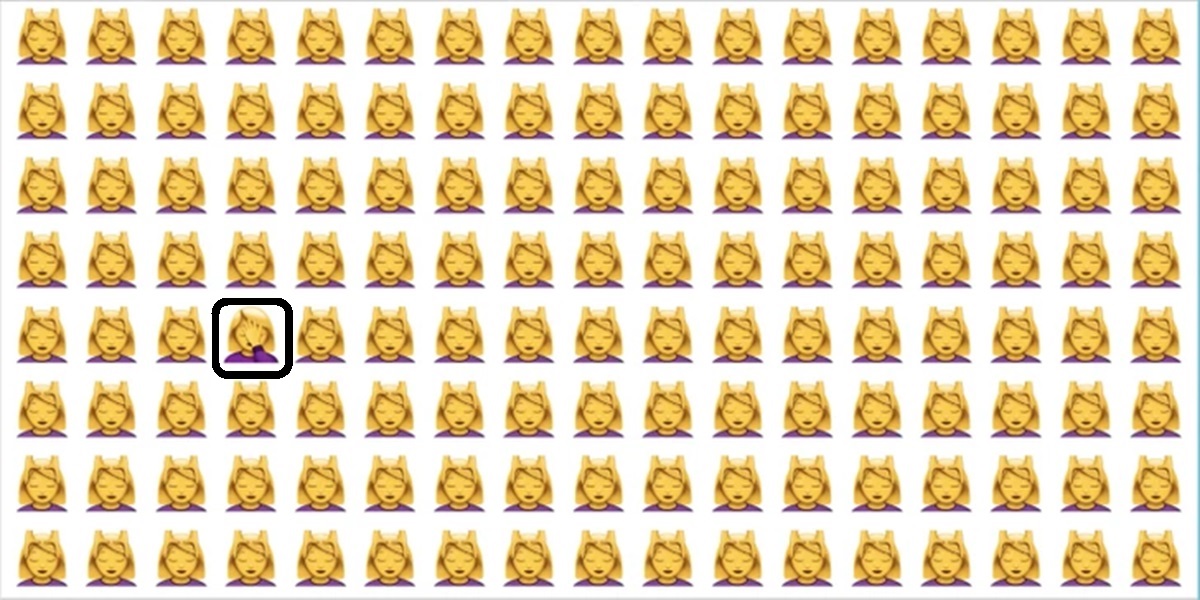 Teste visual com uma imagem de emojis femininos de super-heroína, com um emoji diferente no centro.