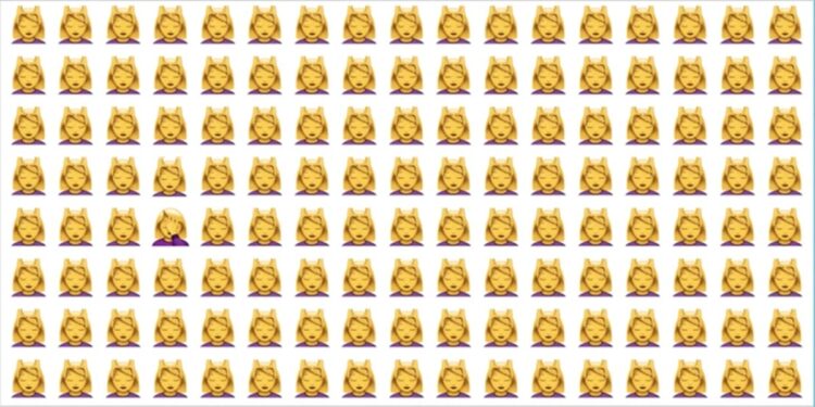 Teste visual com uma imagem de emojis femininos de super-heroína, com um emoji diferente no centro.