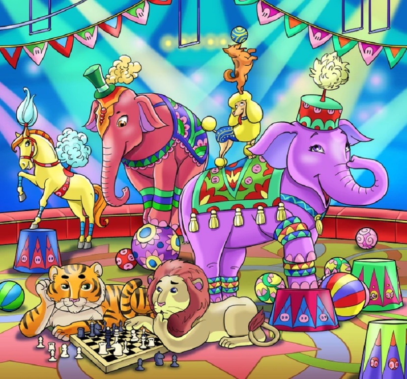Teste visual com ilustração colorida de circo com animais, incluindo leão, elefante, tigre, poodle e cavalo, jogando xadrez.