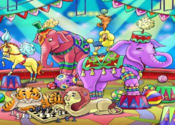 Teste visual com ilustração colorida de circo com animais, incluindo leão, elefante, tigre, poodle e cavalo, jogando xadrez.