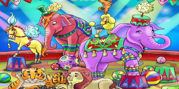 Teste visual com ilustração colorida de circo com animais, incluindo leão, elefante, tigre, poodle e cavalo, jogando xadrez.