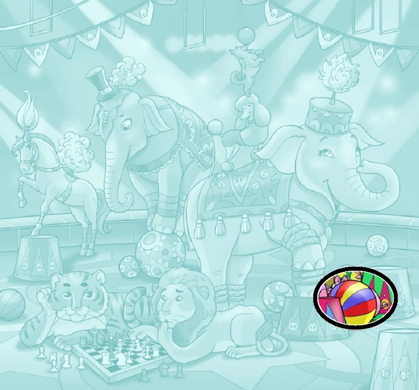 Teste visual com ilustração colorida de circo com animais, incluindo leão, elefante, tigre, poodle e cavalo, jogando xadrez.