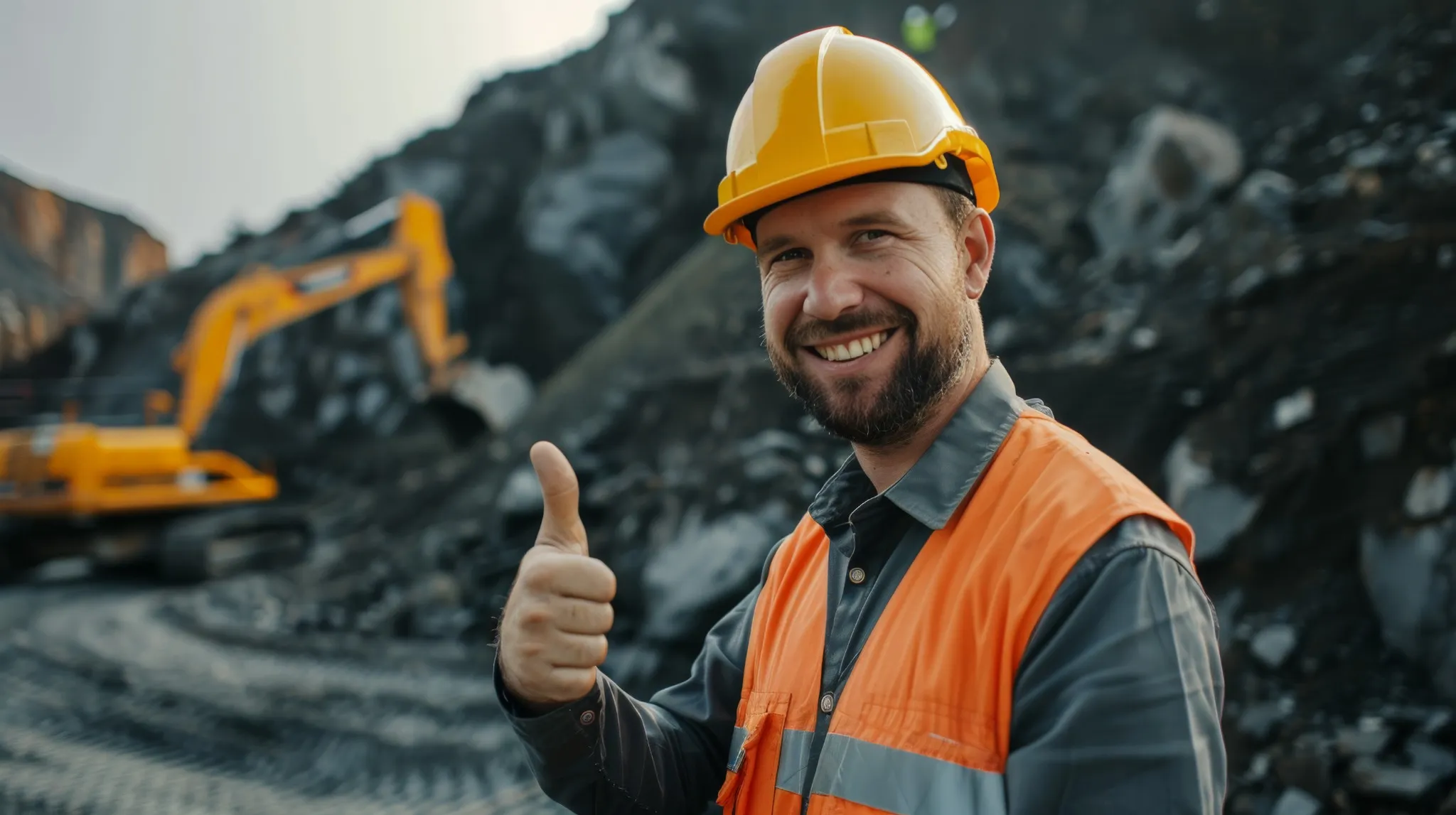 Engenheiro sorrindo e mostrando o polegar para cima no local de trabalho, com um fundo de escavadeira, representando os cursos técnicos gratuitos oferecidos pela Vale e Senai.