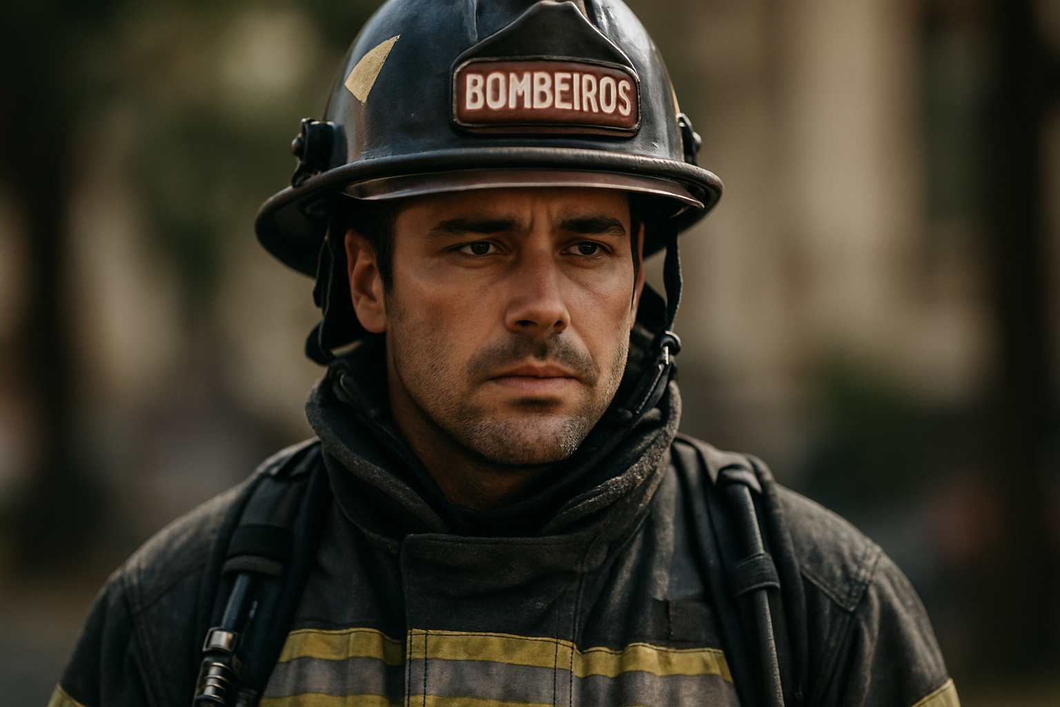 Rosto de um bombeiro sério, vestindo capacete e uniforme de proteção, com a palavra "BOMBEIROS" no capacete.