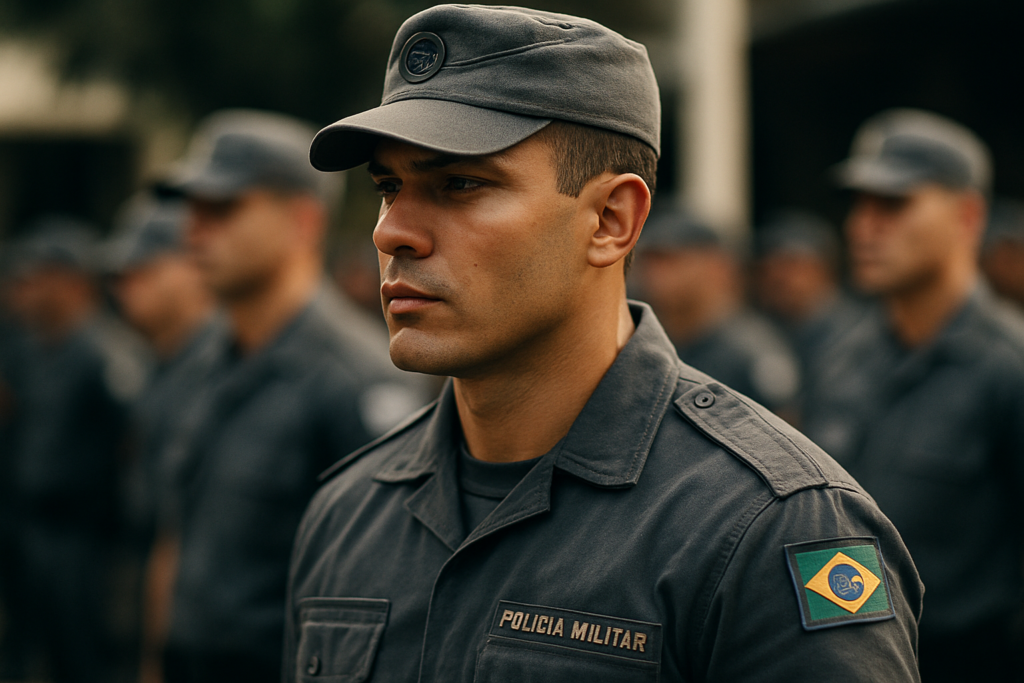 Policial militar brasileiro em uniforme cinza, com bandeira do Brasil no ombro e outros policiais desfocados ao fundo, representando a disciplina e a seriedade da carreira.