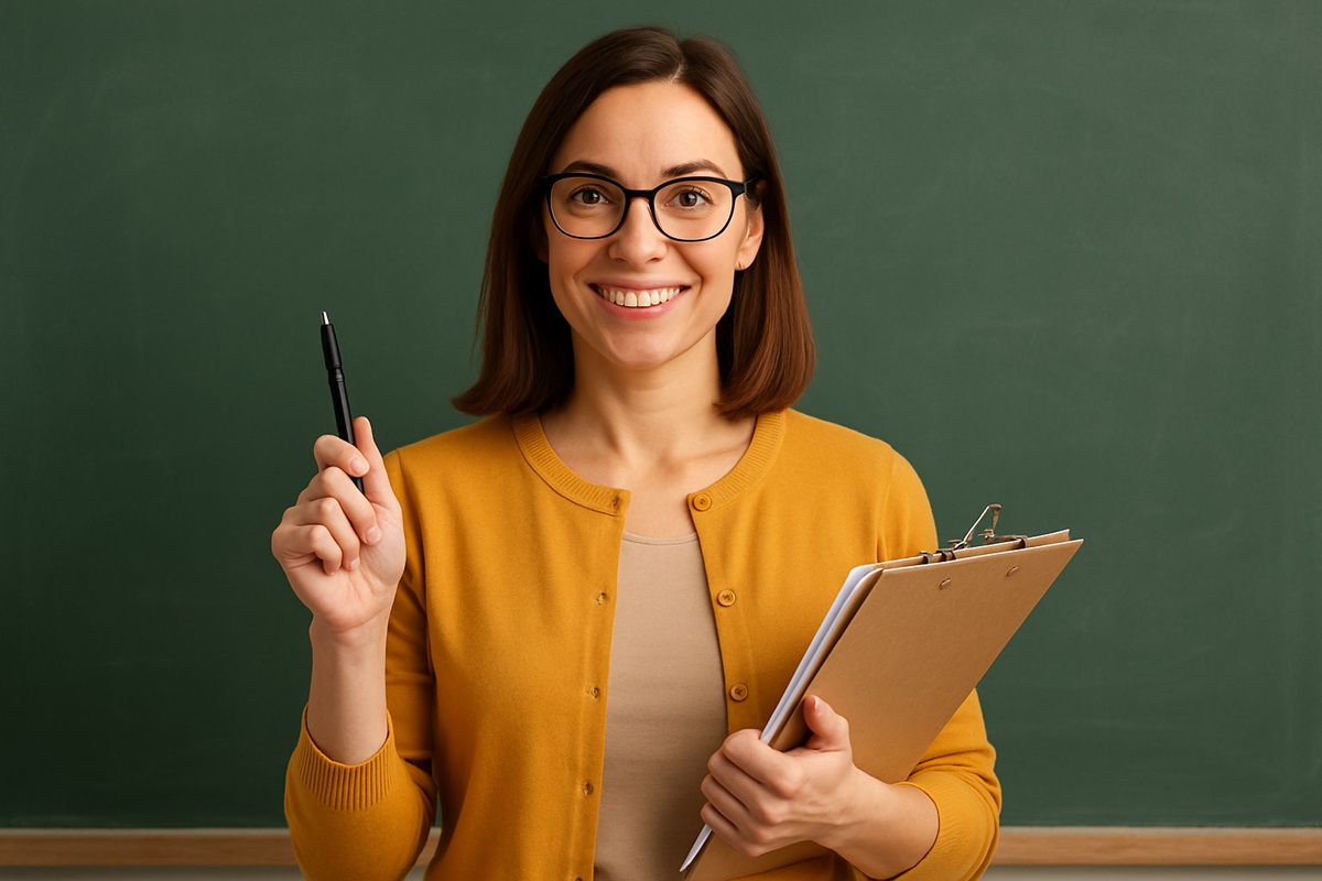 Professora sorridente segurando uma prancheta em frente ao quadro negro