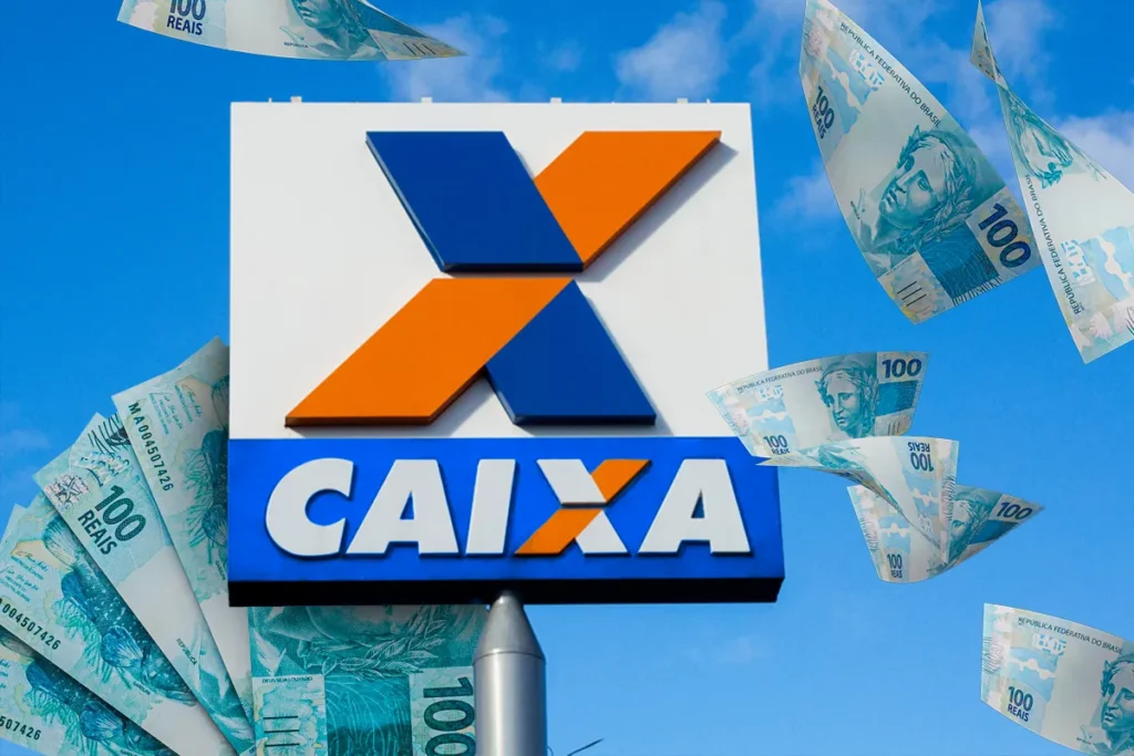 Logo da Caixa Econômica Federal com cédulas de 100 reais voando ao fundo, representando oportunidades e crescimento.