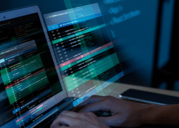 Programador trabalhando em código em dois monitores, representando a área de TI e a crescente demanda por especialistas no setor público, referindo-se aos concursos de TI que estão em alta.