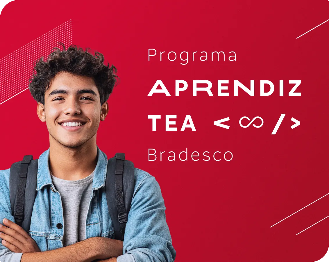 Jovem sorridente com mochila em anúncio do Programa Aprendiz TEA do Bradesco.