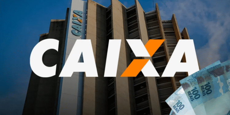 Fachada da Caixa Econômica Federal com dinheiro em destaque.