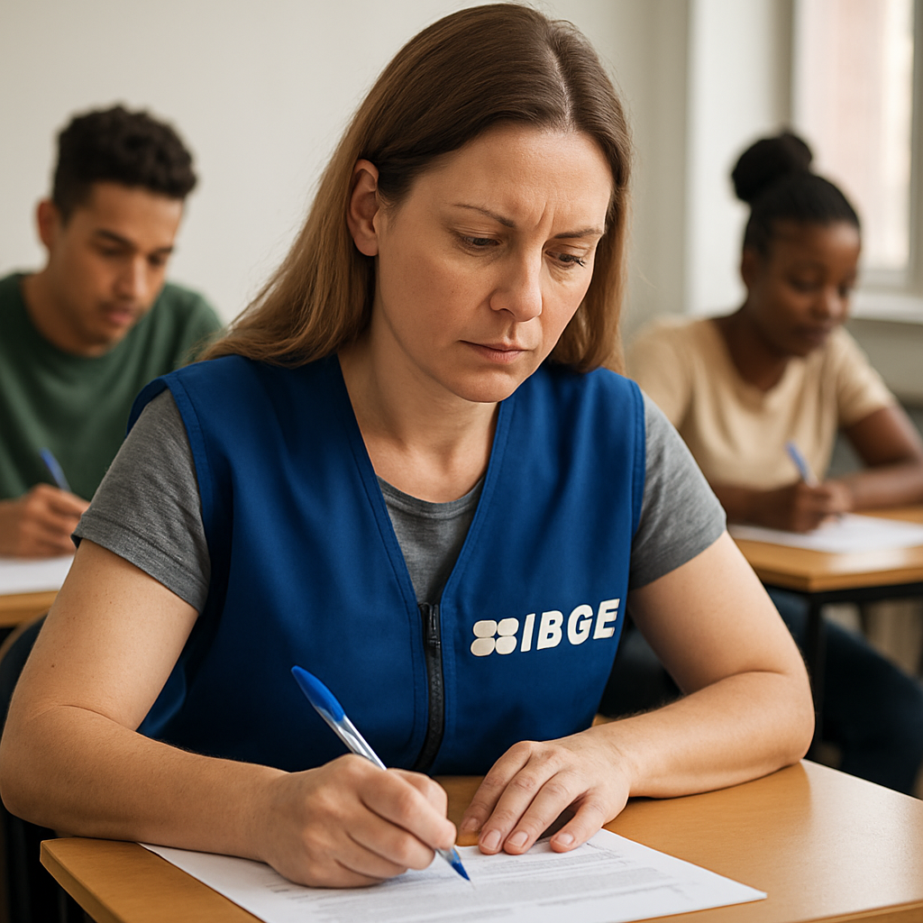 Candidata, vestindo colete do IBGE, preenchendo formulário, simbolizando a seriedade e o processo de seleção para trabalhar no instituto.