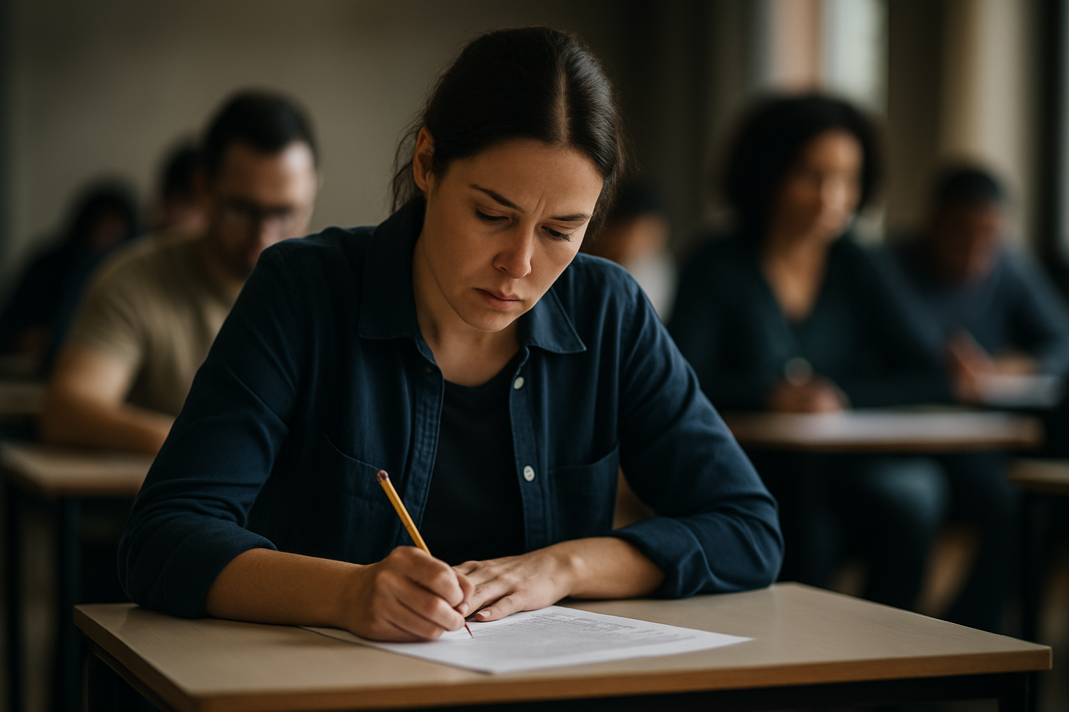 Mulher fazendo prova em sala de aula