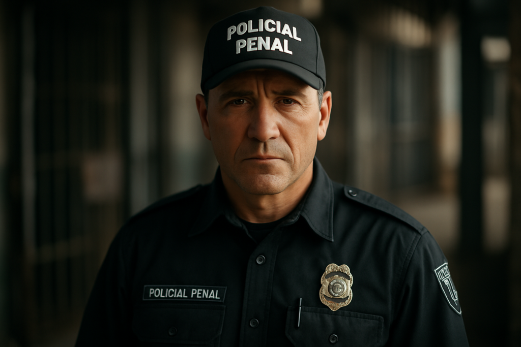 Policial Penal com uniforme, chapéu e distintivo, posando para a foto em ambiente penitenciário.