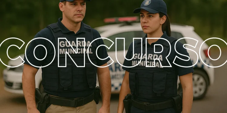 Dois guardas municipais em uniforme azul com colete tático, capacete e viatura ao fundo