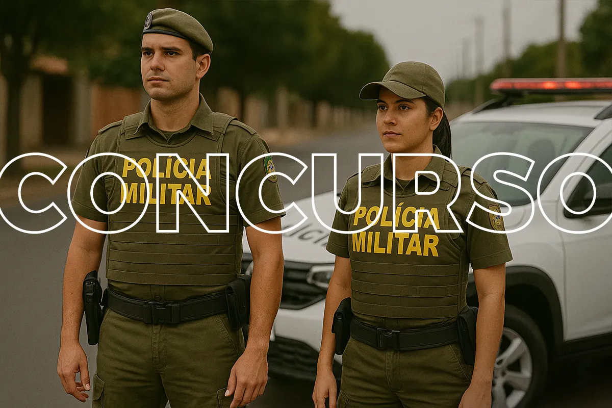 Policial militar homem e mulher com uniforme verde em operação na rua com viatura ao fundo.